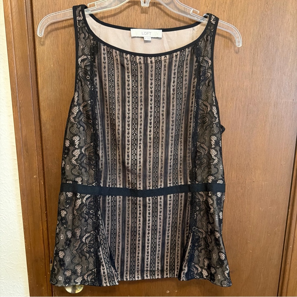 LOFT Black and Cream Striped Lace Top Staple Classic Feminine Boho